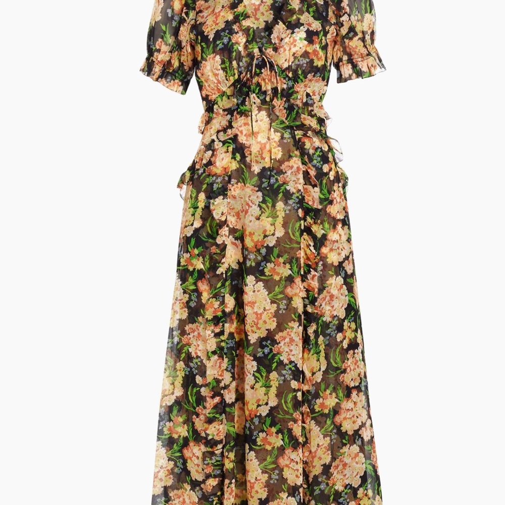 NWT Doen Floral Silk Georgette Ruffle Midi-Dress, size 6